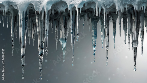 A frozen icicle melting under the winter sky with a touch of blue and crystal clear ice