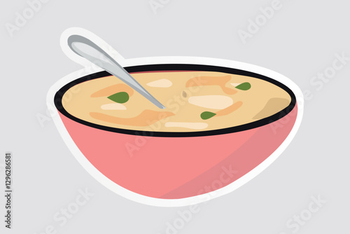 Baby Porridge Vector Illustration Sticker. Cute vector sticker of a bowl of baby porridge with a spoon, perfect for baby food designs, meal planning, nutrition concepts, and parenting illustrations