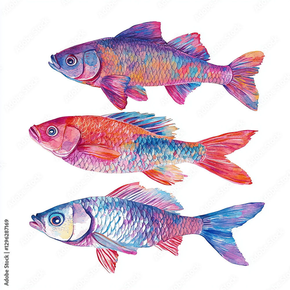 Fototapeta premium Colorful fish illustrations for summer-themed designs or decorations. Generative AI