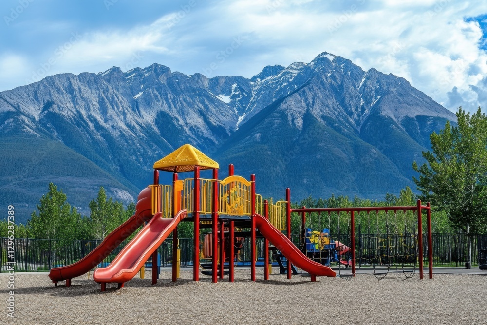 A photo showcasing a playground with towering mountains forming a scenic backdrop A playground with a backdrop of dramatic mountain scenery . A photo showcasing a playground with towering mountains forming a scenic backdrop A playground with a backdrop of dramatic mountain scenery .