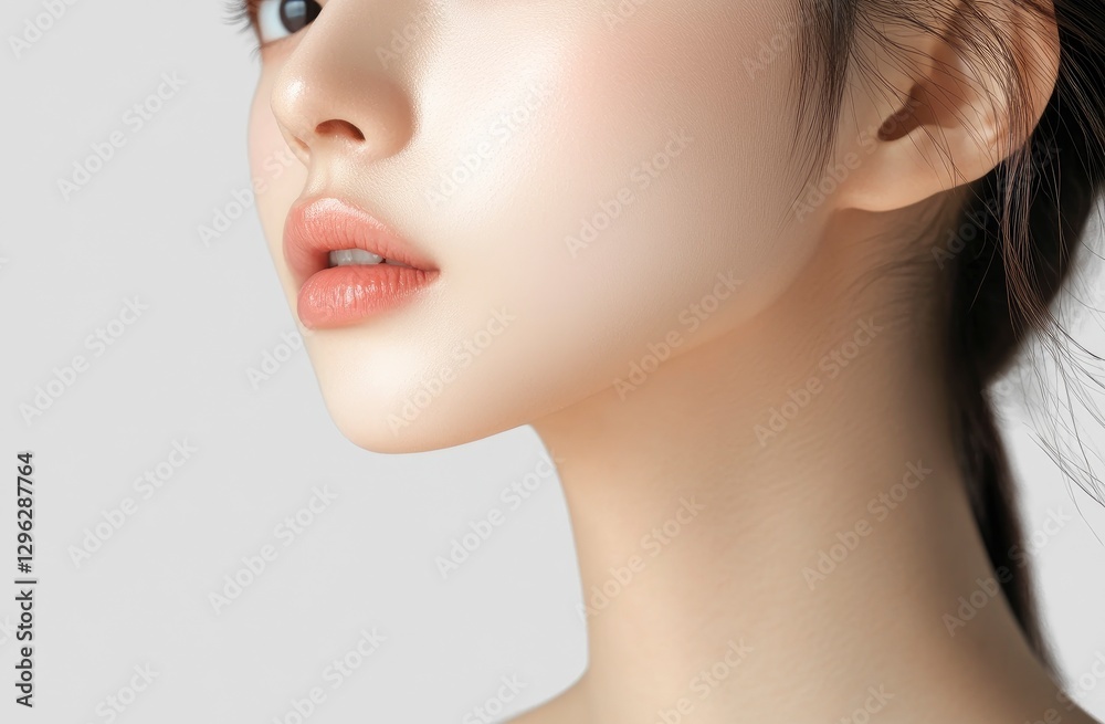 Close-up of a beautiful Asian woman with clean, fresh skin on a white background. Portrait close-up of the face and neck of a young female model after makeup, isolated on a transparent background. Close-up of a beautiful Asian woman with clean, fresh skin on a white background. Portrait close-up of the face and neck of a young female model after makeup, isolated on a transparent background.
