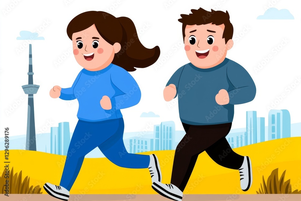 a 2D cartoon illustration of a couple jogging along a trail, healthy and happy, white background a 2D cartoon illustration of a couple jogging along a trail, healthy and happy, white background