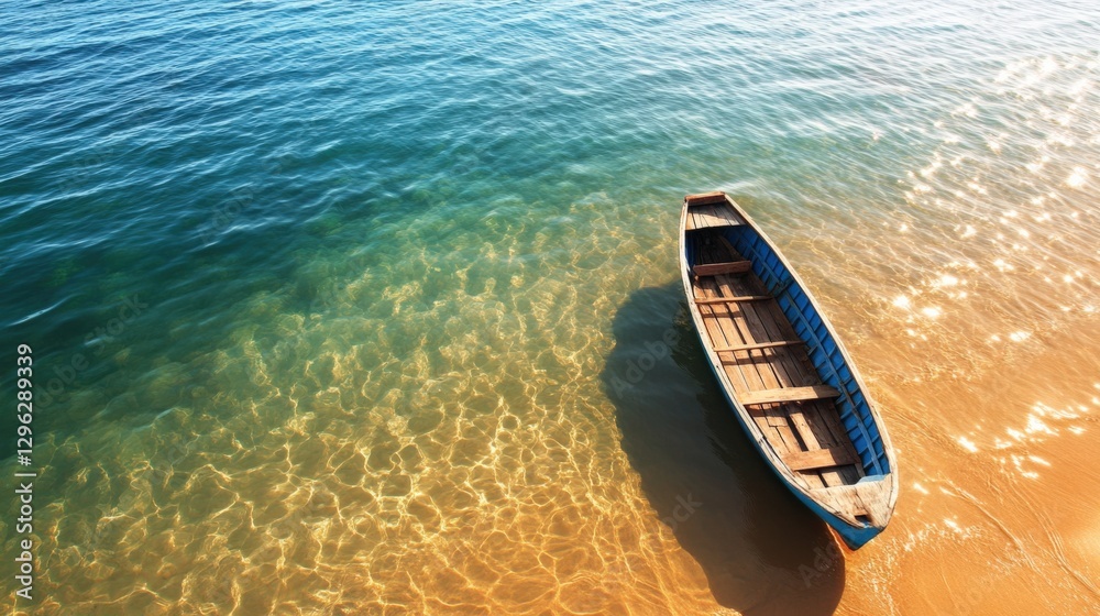 Serene boat floating on crystal clear waters sunny beach nature scene tranquil environment aerial view peaceful escape