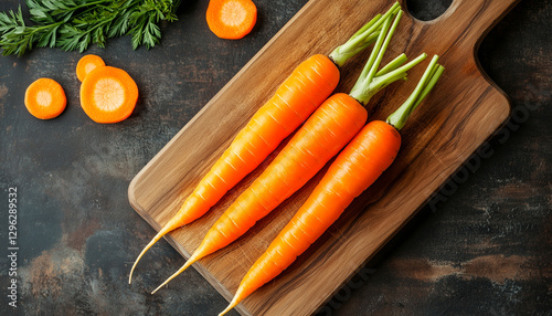 Vividly orange, fresh carrots with green tops displayed on a wooden board, highlighting their natural texture and color. Perfect for dietary, organic, or healthy lifestyle themes and presentations