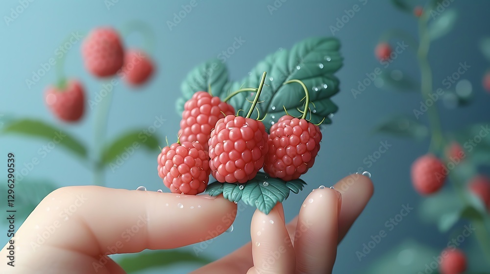 Obraz premium A handful of fresh raspberries with tiny water droplets on their surface crisp green leaves adding a natural contrast isolated on white