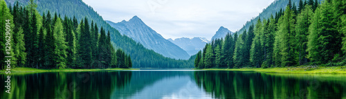 serene lake surrounded by lush green forests and majestic mountains, reflecting nature beauty