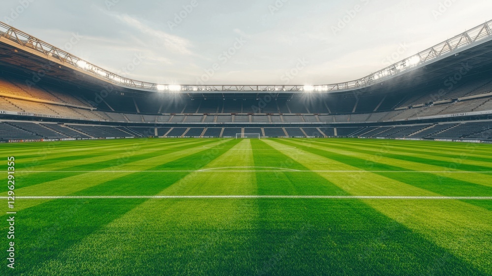 Obraz premium Vast Empty Stadium View with Lush Green Grass and Dramatic Lighting
