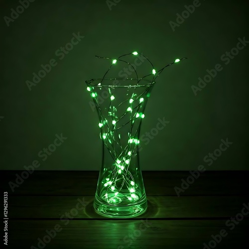 Vase glass and decoration pieces with LED piece and green lights.