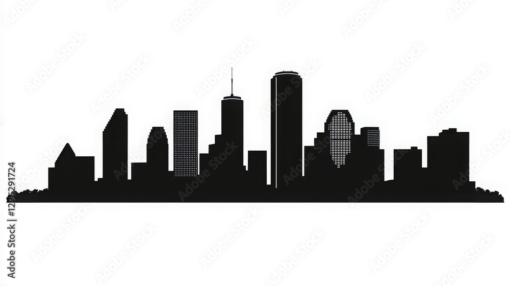 Naklejka premium Houston City Skyline Black and White Silhouette. A Vector Illustration Representing Houston’s Iconic Landmarks, Cityscape, and Urban Beauty for Business Travel, Tourism, and Website Design Concepts.