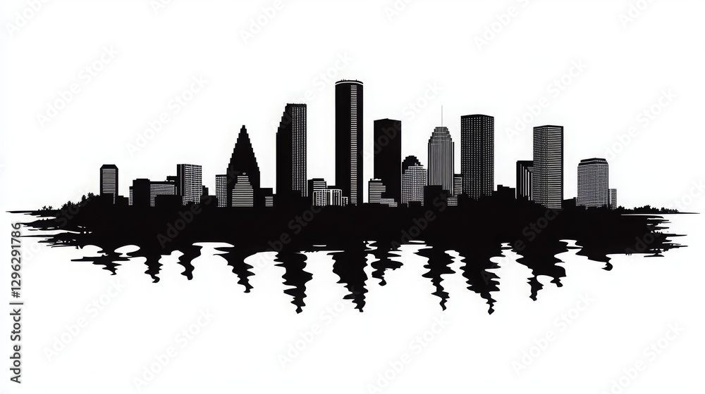Naklejka premium Houston City Skyline Black and White Silhouette. A Vector Illustration Representing Houston’s Iconic Landmarks, Cityscape, and Urban Beauty for Business Travel, Tourism, and Website Design Concepts.