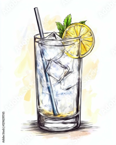Tom Collins Cocktail. Hand Drawn Alcoholic Drink in Colorful Sketch Style