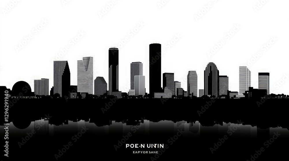 Fototapeta premium Houston City Skyline Black and White Silhouette. A Vector Illustration Representing Houston’s Iconic Landmarks, Cityscape, and Urban Beauty for Business Travel, Tourism, and Website Design Concepts.