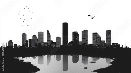 Houston City Skyline Black and White Silhouette. A Vector Illustration Representing Houston’s Iconic Landmarks, Cityscape, and Urban Beauty for Business Travel, Tourism, and Website Design Concepts.