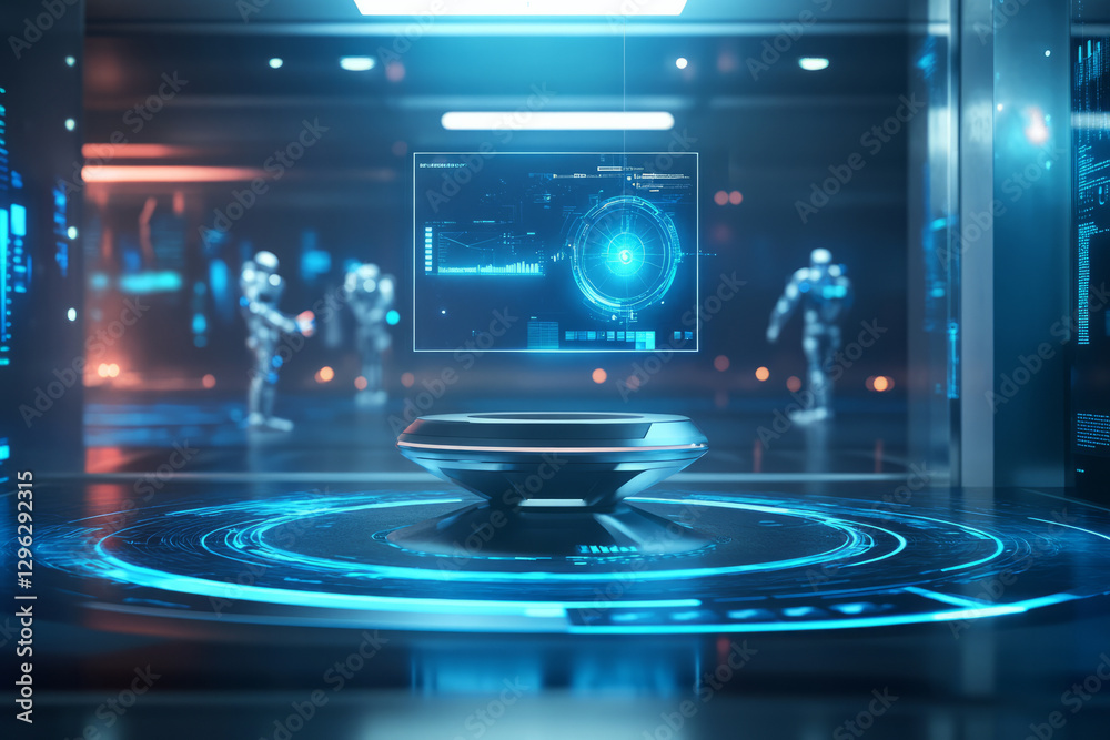 A high-tech innovation lab 3D background featuring a sleek metallic podium surrounded by holographic displays. Futuristic touchscreens float in mid-air, while robotic assistants move in the background A high-tech innovation lab 3D background featuring a sleek metallic podium surrounded by holographic displays. Futuristic touchscreens float in mid-air, while robotic assistants move in the background