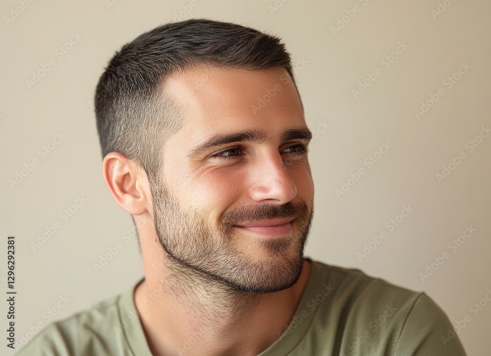 Obraz premium Portrait of a handsome, smiling man looking away, with a light beige background and blurred face. This is the winning stock photo for a text contest, 