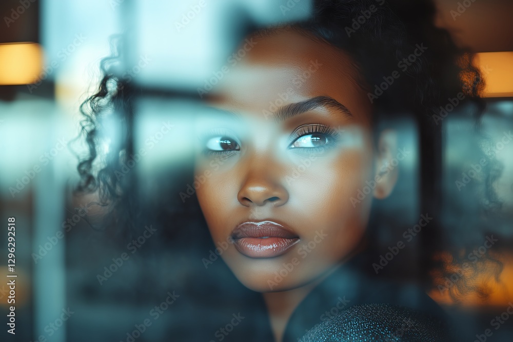 Fototapeta premium Portrait of black business woman at work in office daydreaming shot through glass window