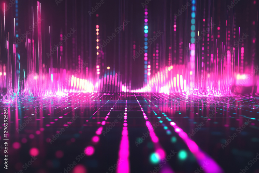 A cyberpunk-inspired 3D music background with a neon-lit, levitating equalizer that pulsates in rhythm. The glowing waveforms create a stunning abstract visualization of electronic sound energy and A cyberpunk-inspired 3D music background with a neon-lit, levitating equalizer that pulsates in rhythm. The glowing waveforms create a stunning abstract visualization of electronic sound energy and