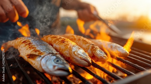 A stunning outdoor grilling scene of fresh fish with flames and aromatic marinade, symbolizing togetherness and warmth as the sun sets, enhancing the communal dining experience.
