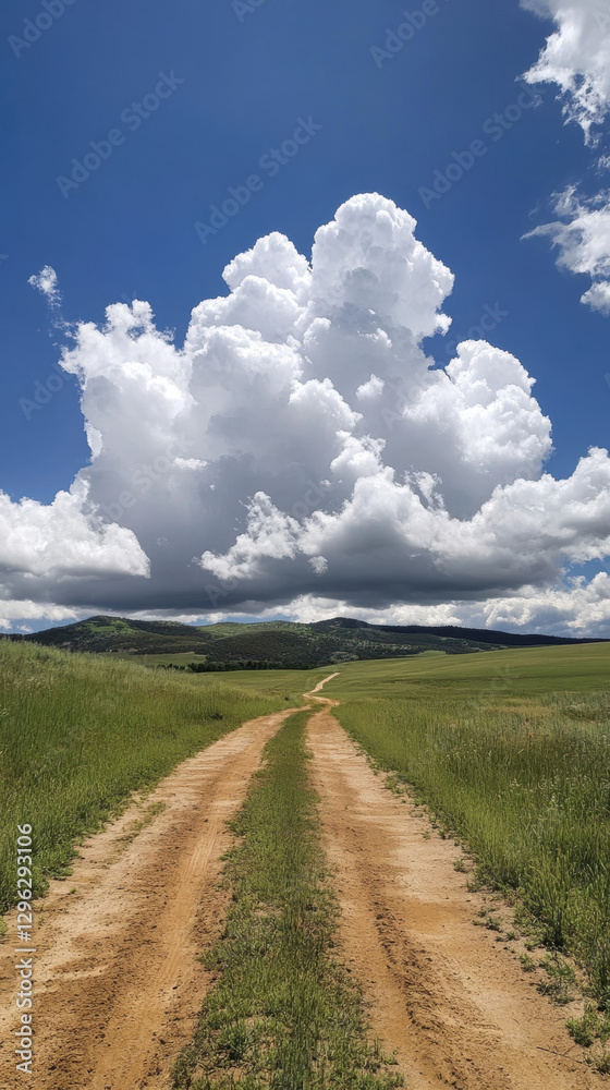 Fototapeta premium Dirt road through grassy field under a cloudy sky