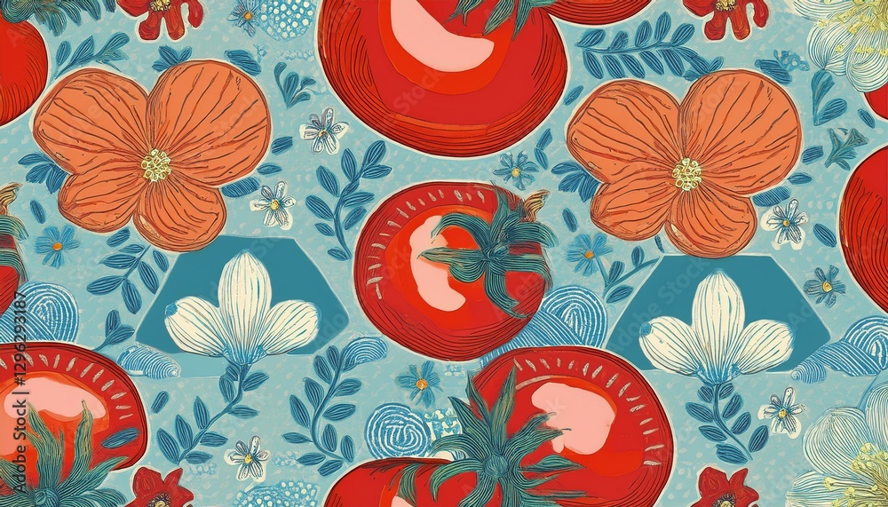 retro hand drawn summer seamless pattern traditional patchwork style background illustration vintage mediterranean vacation textile print fine art texture with tomato sea flower retro hand drawn summer seamless pattern traditional patchwork style background illustration vintage mediterranean vacation textile print fine art texture with tomato sea flower