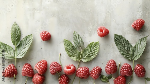 A group of raspberries carefully arranged in a diagonal line with green leaves placed at random points white background clean and fresh photo