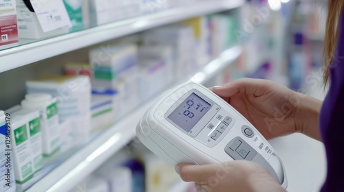 A pharmacist assisting a customer in choosing a home blood pressure monitor. Featuring accessibility and informed choices