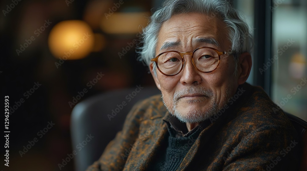 A contemplative older man with glasses, showcasing wisdom and experience, sitting indoors with soft lighting creating a warm atmosphere. A contemplative older man with glasses, showcasing wisdom and experience, sitting indoors with soft lighting creating a warm atmosphere.