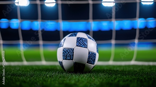 Close-Up of a Soccer Ball in Front of a Goal in an Illuminated Stadium