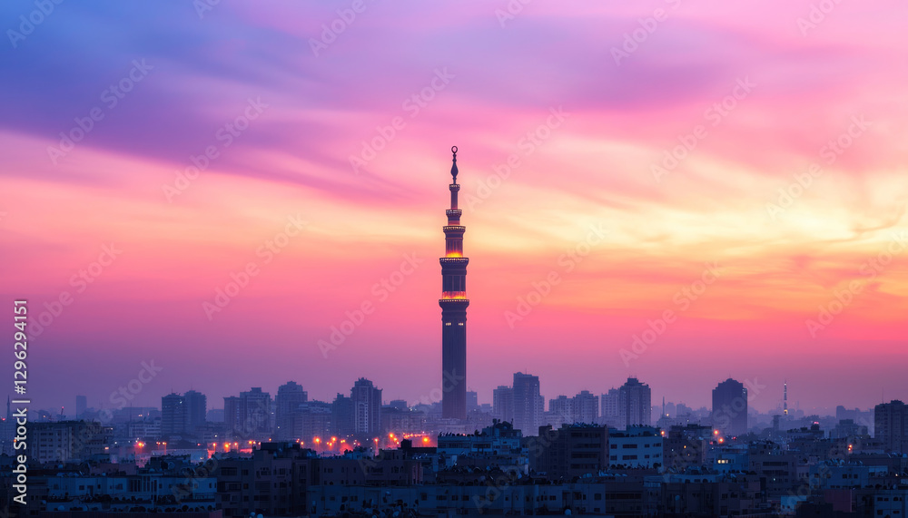 Obraz premium Majestic skyline at sunset with tall minaret and city lights