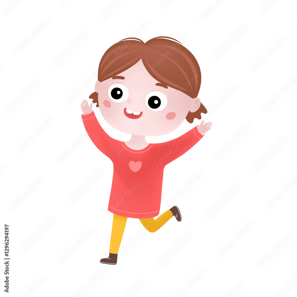 Happy little girl. Cute cheerful kid child girl celebrating with hands up. Flat graphic illustration isolated on white background Happy little girl. Cute cheerful kid child girl celebrating with hands up. Flat graphic illustration isolated on white background