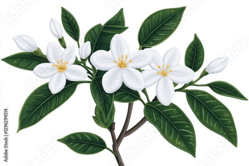 a 2D cartoon illustration of a jasmine plant with white flowers, fragrant and lovely, white background