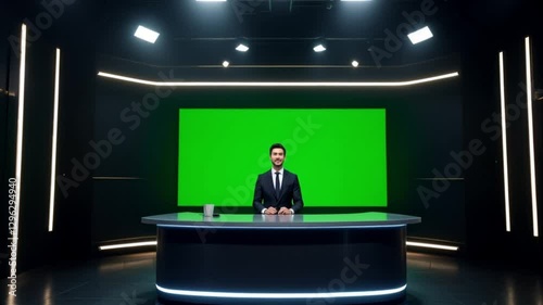 Professional News Anchor in a Modern Studio with Green Screen.