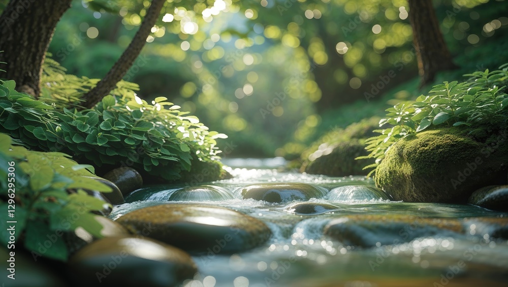 Fototapeta premium Serene stream flowing through lush greenery in a tranquil forest setting during daylight hours