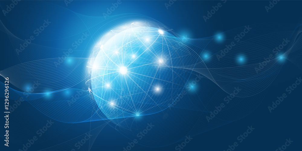 Abstract Dark Blue Futuristic Glowing Global Virtual Network Structure and Telecommunications Design Concept, Polygonal Connections with Transparent Wavy Geometric Polygonal Mesh, Vector Illustration Abstract Dark Blue Futuristic Glowing Global Virtual Network Structure and Telecommunications Design Concept, Polygonal Connections with Transparent Wavy Geometric Polygonal Mesh, Vector Illustration