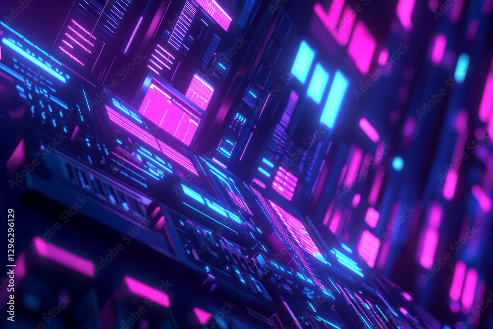 A futuristic 3D abstract background where floating, glowing synthesizers stretch across an endless digital void. The neon-lit controls pulsate in harmony, creating an immersive, high-tech A futuristic 3D abstract background where floating, glowing synthesizers stretch across an endless digital void. The neon-lit controls pulsate in harmony, creating an immersive, high-tech