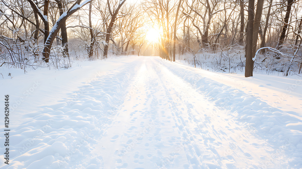 Winter sunrise serenity snowy pathway nature tranquil forest landscape peaceful view