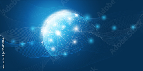 Abstract Dark Blue Futuristic Glowing Global Virtual Network Structure and Telecommunications Design Concept, Polygonal Connections with Transparent Wavy Geometric Polygonal Mesh, Vector Illustration