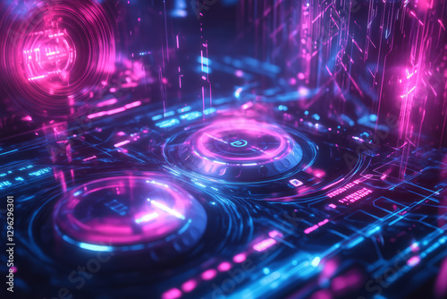 A cyberpunk-inspired 3D abstract background showcasing a digital DJ booth emitting swirling neon sound waves. The glowing beats ripple through the high-tech environment, creating a mesmerizing fusion