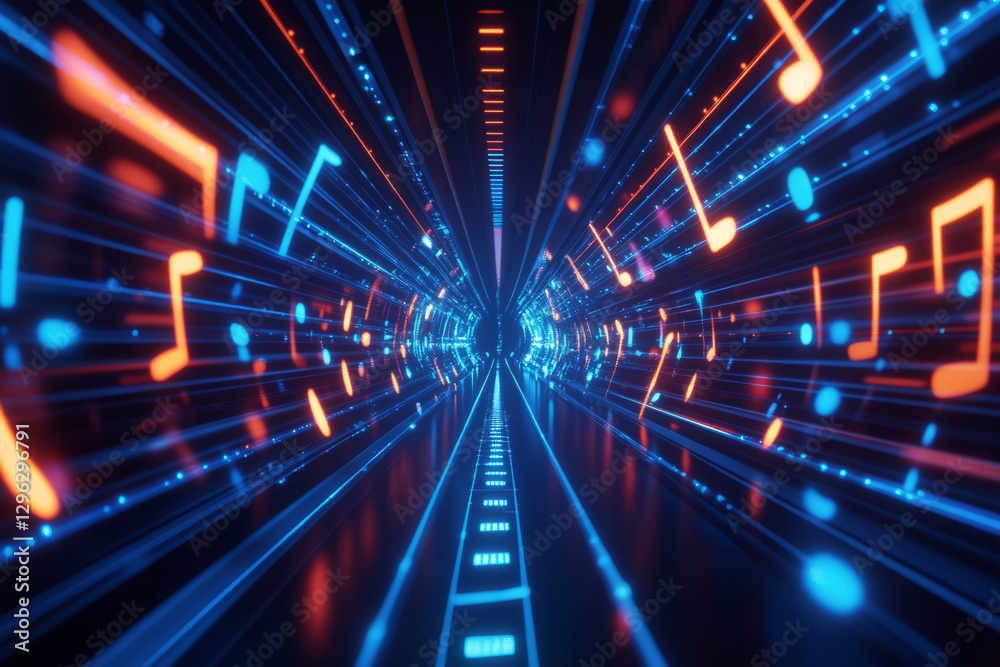 A dynamic 3D abstract background displaying an endless tunnel of levitating, holographic music staffs. The glowing lines pulse in perfect harmony, forming a futuristic visualization of digital sound A dynamic 3D abstract background displaying an endless tunnel of levitating, holographic music staffs. The glowing lines pulse in perfect harmony, forming a futuristic visualization of digital sound
