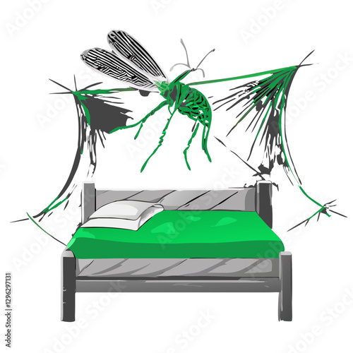 Bed with mosquito net illustration promoting malaria prevention awareness
