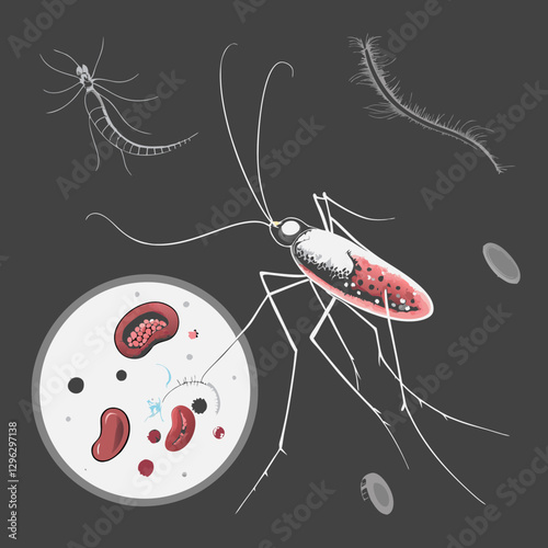 Malaria parasite illustration featuring mosquito and microorganisms for awareness
