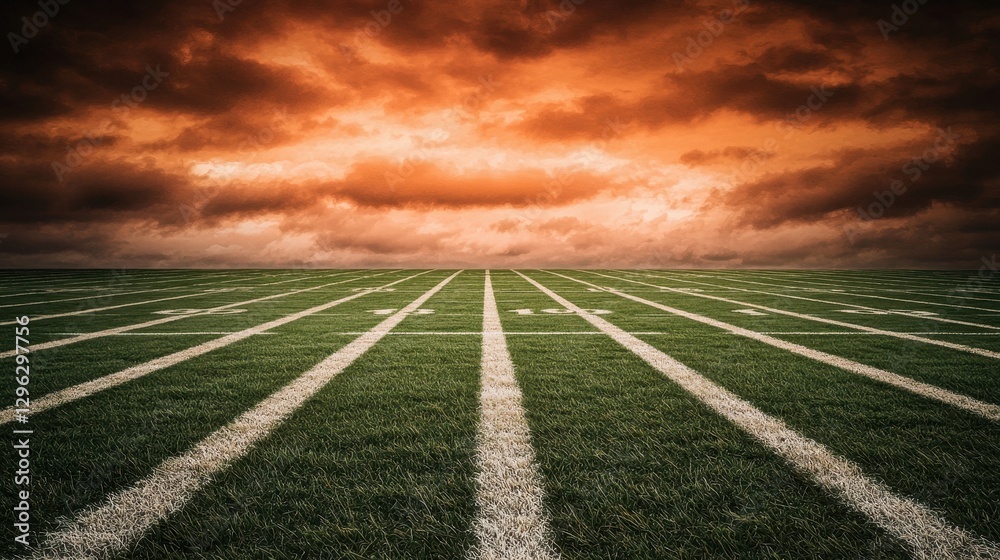 Fototapeta premium Expansive Football Field Under Dramatic Sunset Sky with Clouds