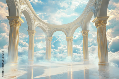 A floating sky palace 3D background room with open archways revealing a breathtaking cloudscape. The ethereal architecture features shimmering golden columns and a soft blue glow, creating a heavenly