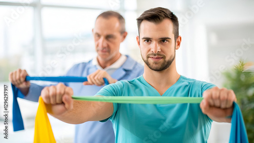 sports injury risk prevention stretching protection A man performs resistance band exercises with guidance from a therapist in a bright rehabilitation center.