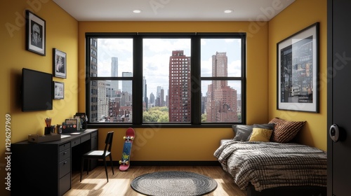 Wallpaper Mural Cozy modern bedroom with city view and warm yellow walls Torontodigital.ca