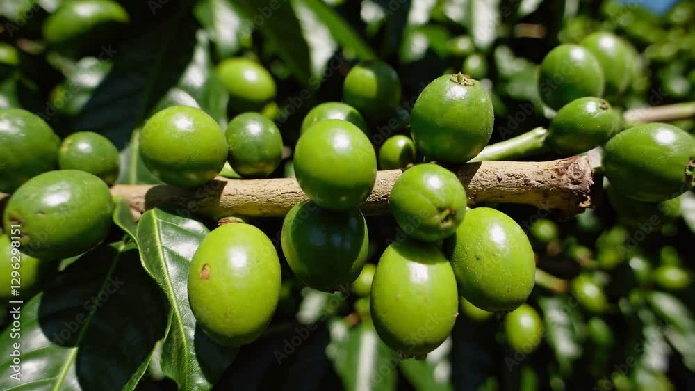 A close-up view of unripe green coffee beans growing on a branch, surrounded by lush coffee plant leaves under bright sunlight A close-up view of unripe green coffee beans growing on a branch, surrounded by lush coffee plant leaves under bright sunlight