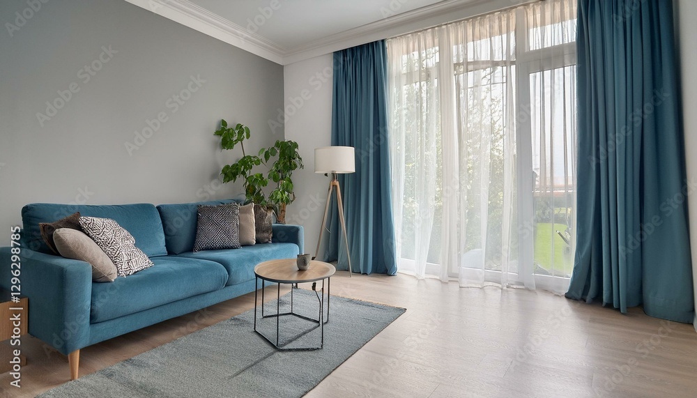 high definition image of a stylish living room with blue curtains light grey walls and modern decor including a plant in the corner high definition image of a stylish living room with blue curtains light grey walls and modern decor including a plant in the corner