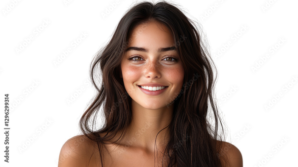Radiant Smile: A portrait of a beautiful young woman with flowing dark hair and a genuine, joyful smile, embodying confidence and natural beauty. Radiant Smile: A portrait of a beautiful young woman with flowing dark hair and a genuine, joyful smile, embodying confidence and natural beauty.