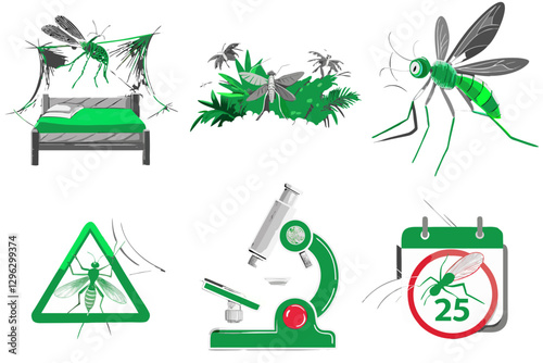 Icons for Malaria Day: bed with mosquito net, tropical swamp, mosquito, Mosquito inside a no symbol, Microscope with blood sample, Calendar with circle on April 25