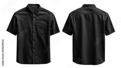 Black short sleeve shirt with button closure and pocket detail, perfect for casual wear